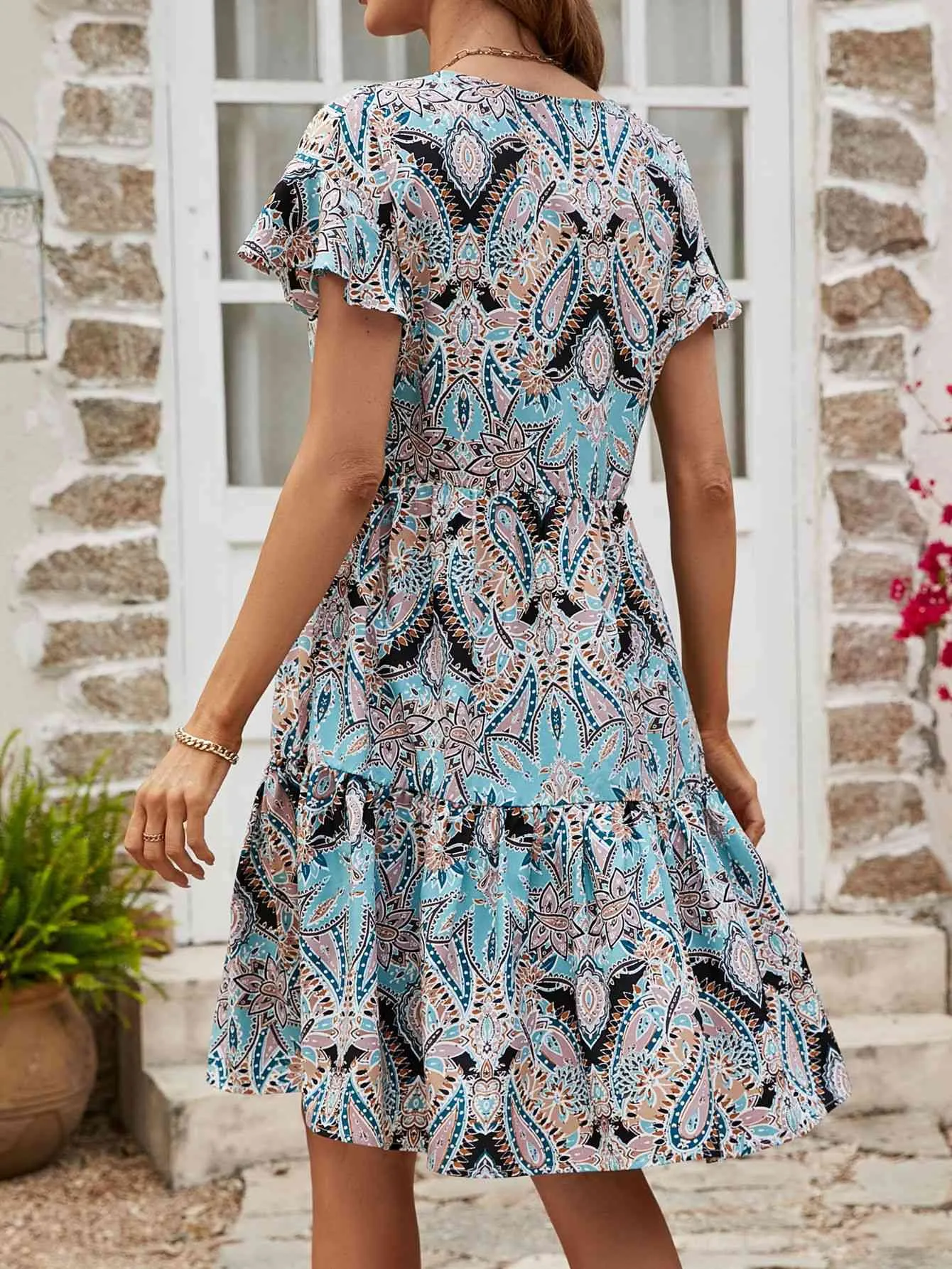 Printed V-Neck Tiered Dress (MWBT) T