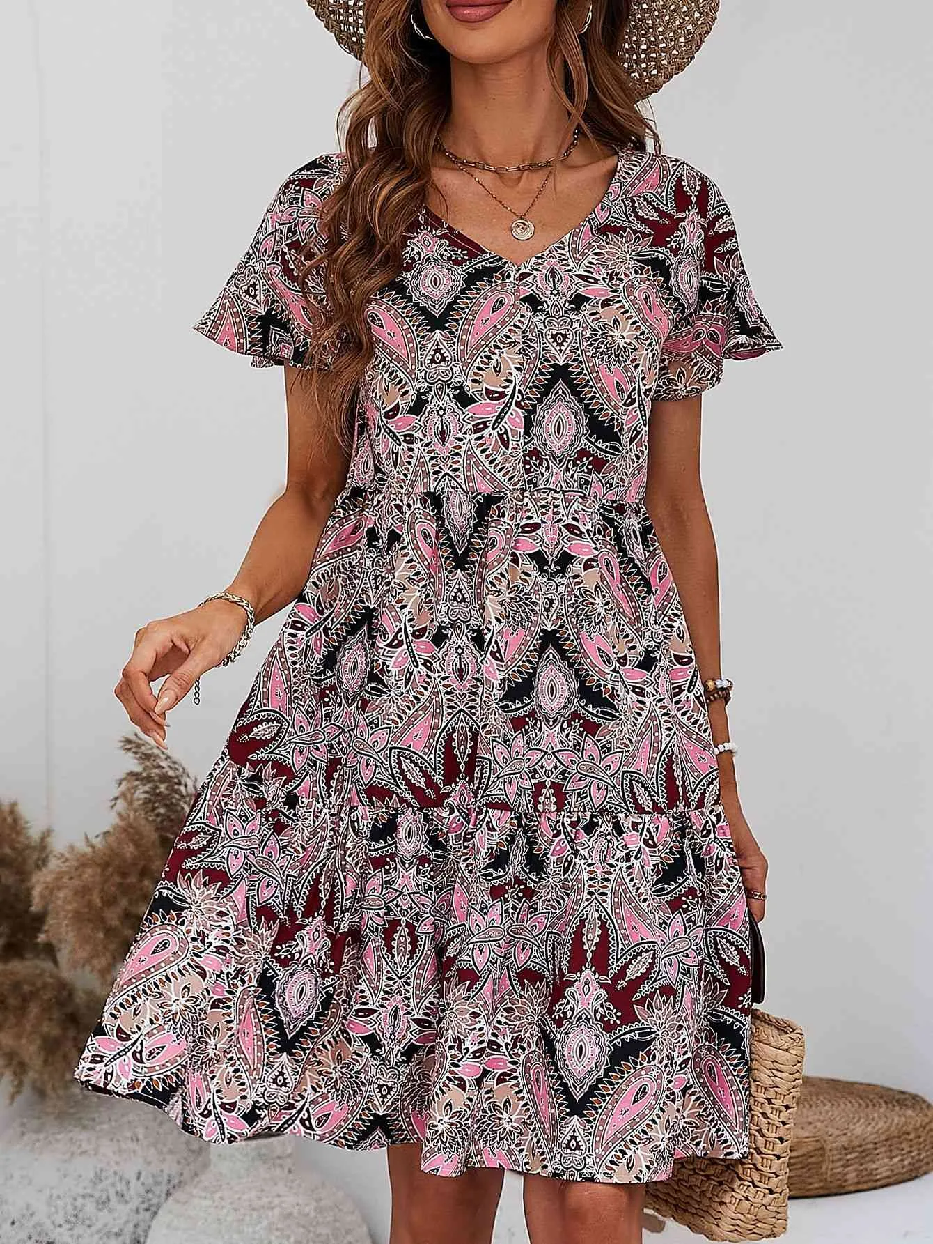 Printed V-Neck Tiered Dress (MWBT) T